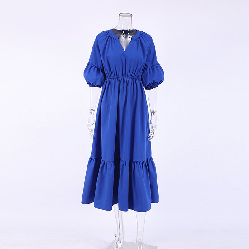 NTG Fad 01 blue / S Summer Women's Elegant A-Line Dresses 2022 V-Neck Puff Sleeve Collect Waist Ruffle Female Dress Fashion Blue Lady Party Vestido