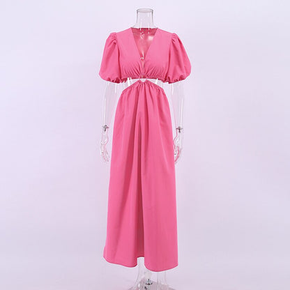 NTG Fad 02 pink / S Summer Women's Elegant A-Line Dresses 2022 V-Neck Puff Sleeve Collect Waist Ruffle Female Dress Fashion Blue Lady Party Vestido