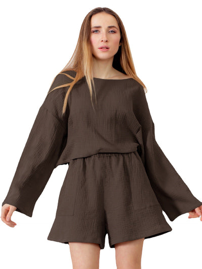 NTG Fad 100% Cotton Casual Long Sleeve Tops And Shorts Pockets Suit