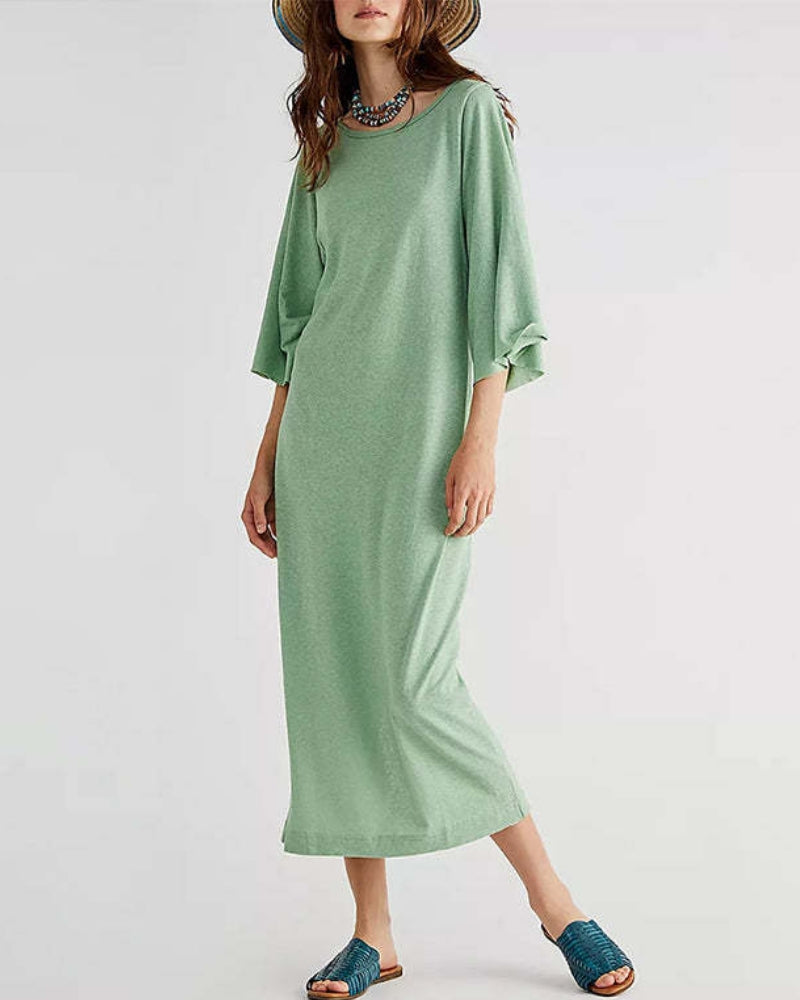 NTG Fad 100% COTTON CASUAL LOOSE SOLID OPEN SIDE LONG ELEGANT DRESS