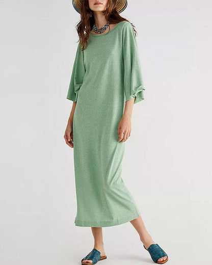 NTG Fad 100% COTTON CASUAL LOOSE SOLID OPEN SIDE LONG ELEGANT DRESS