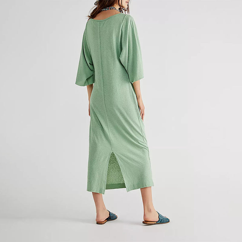 NTG Fad 100% Cotton Casual Loose Solid Open Side Long Maxi Elegant Party Dress