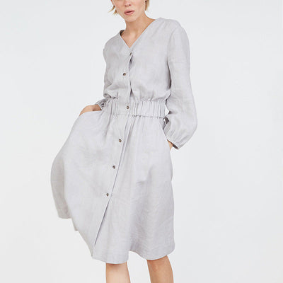 NTG Fad 100% Linen Elegant Women Dress V-Neck Long Sleeve Single-Breasted Elastic Waist Midi Dress With Pockets Vestidos Female Clothing