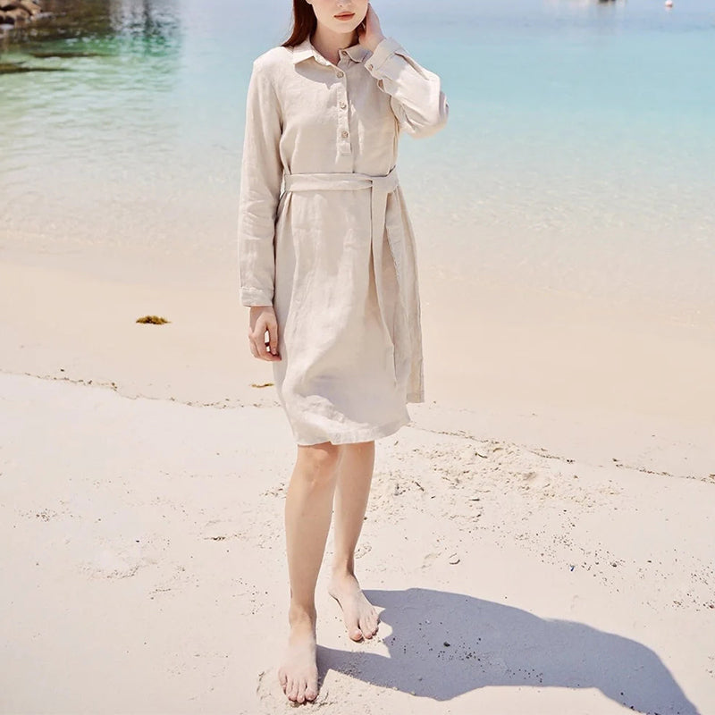 NTG Fad 100%  Linen Elegant Women'S Dress Vintage Turn Down Collar Long Sleeve Button Up Harajuku Holiday Beach Party Dresses With Belt
