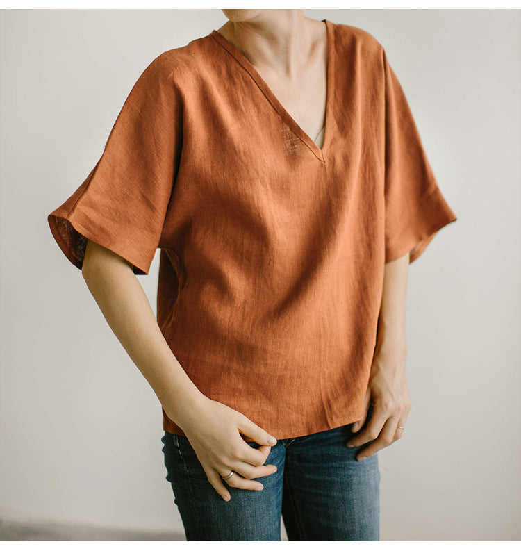 NTG Fad 100% Linen Oversized T-shirt For Women 2022 Summer Half Sleeve Sexy V-neck Streetwear Harajuku Female Tees Top Plus size