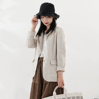 NTG Fad 100% Linen Women Casual Notched Collar Long Sleeve Breasted Blazer