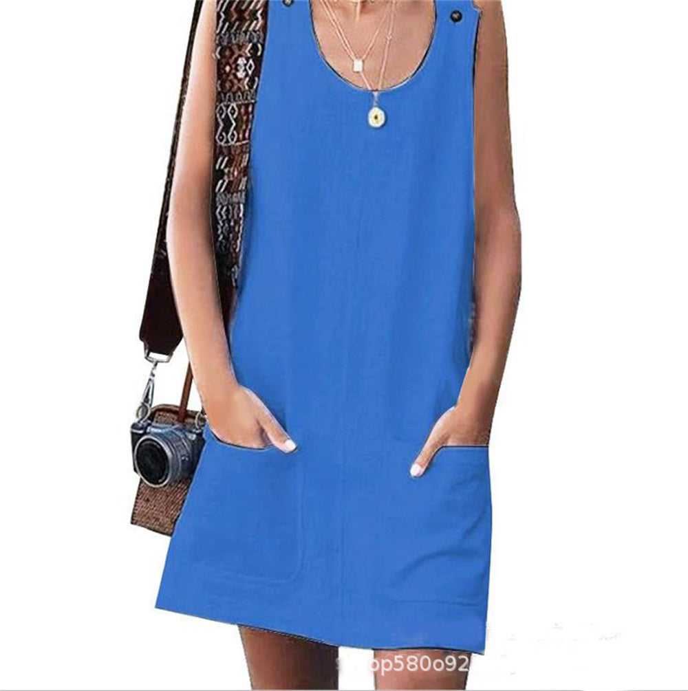 NTG Fad 1985-blue / S Women Pocket Button Cotton Linen Strap Sexy Beach Dress