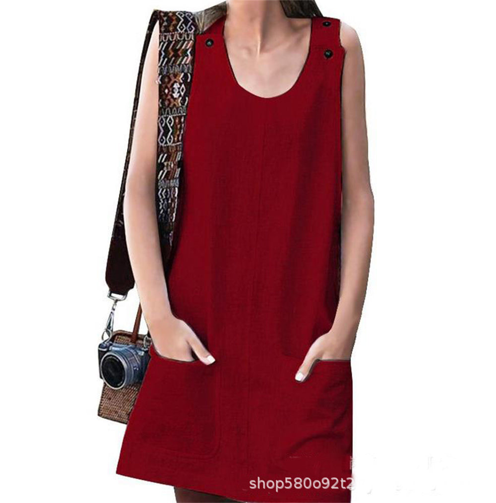 NTG Fad 1985-Wine red / S Women Pocket Button Cotton Linen Strap Sexy Beach Dress