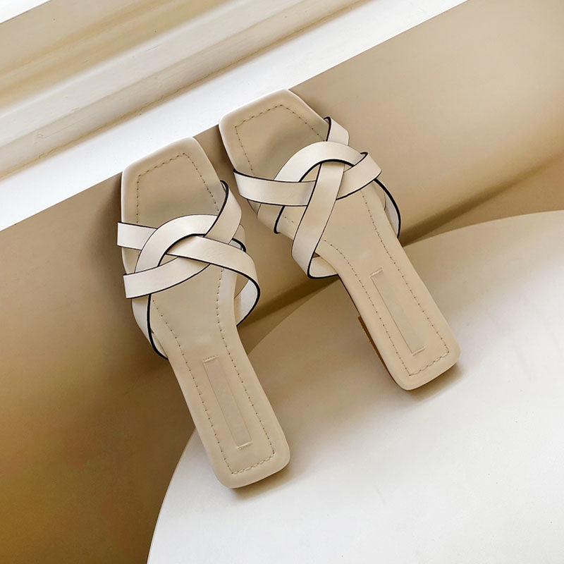 NTG Fad 35 / Ivory Flat Leather PU Sandals For Linen Dress