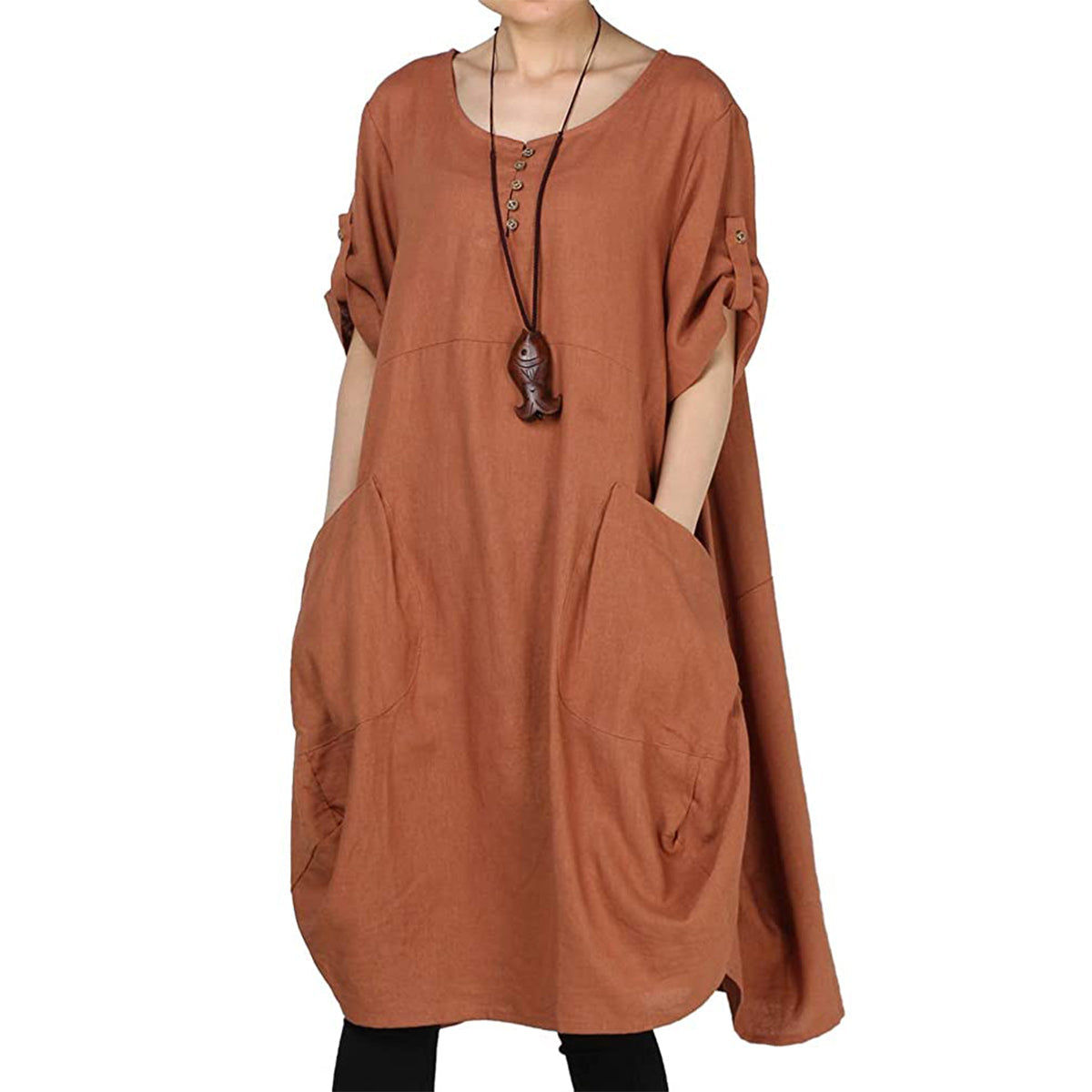 NTG Fad 3XL / Brown Cotton Linen T-Shirt Knee-Length Dress