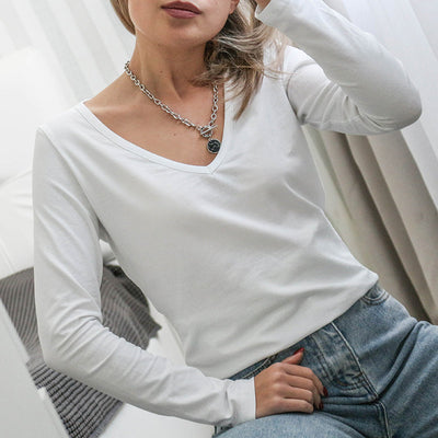 NTG Fad 94% Katoen Dames T-shirt Sexy V-hals Lange Mouw Tees Harajuku Basic Streetwear Tops Vrouw Kleren Рубашки