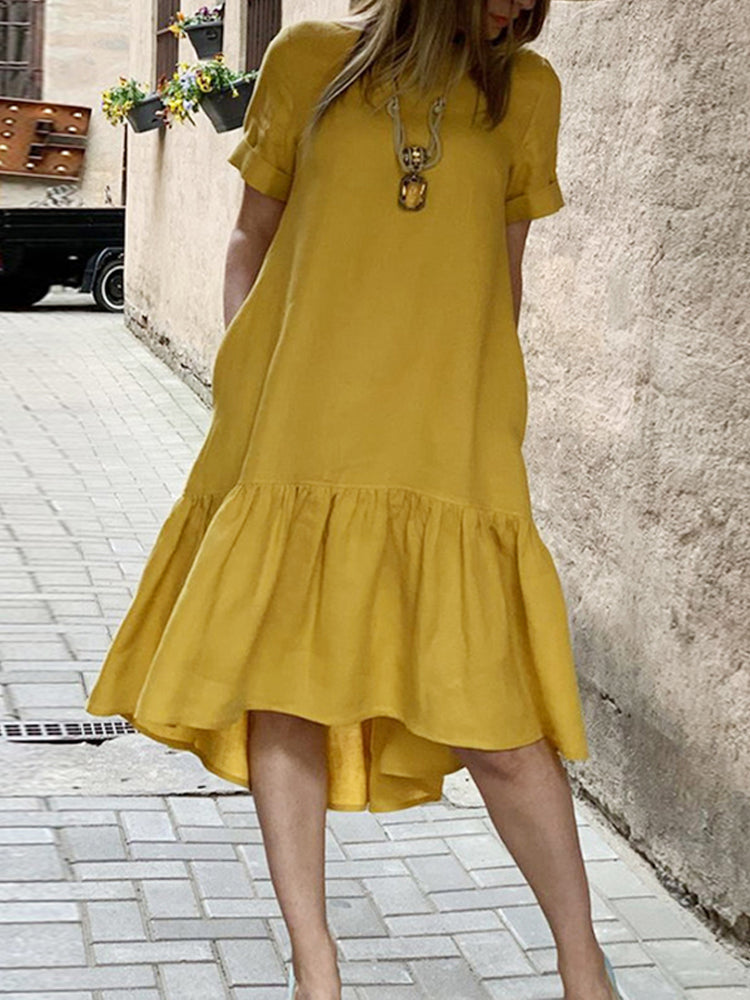NTG Fad A-Yellow / M Women Dress Holiday Summer  Short Sleeve Sundress Solid
