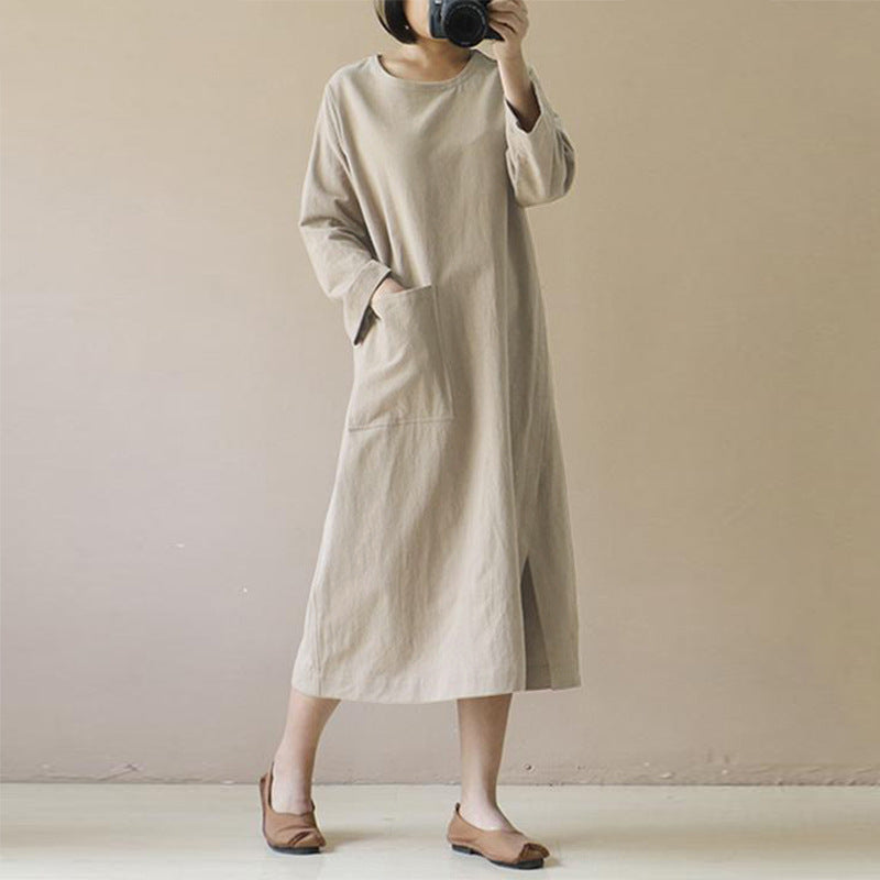 NTG Fad Apricot / S S-5XL Loose Cotton Linen Women Midi Dress Casual Long Sleeve Split Female Spring Autumn Robe Pocket Sudress 120850WLA