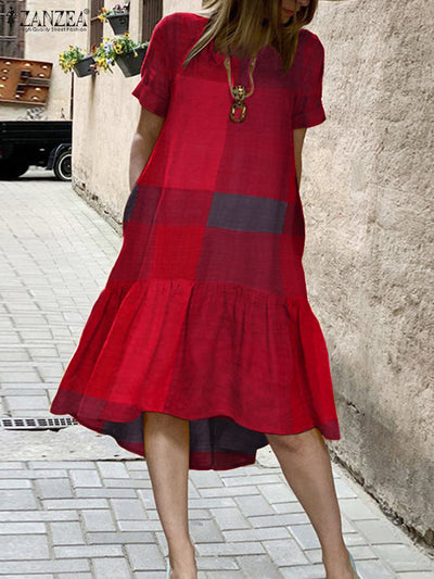 NTG Fad B-Red / M Women Dress Holiday Summer  Short Sleeve Sundress Solid