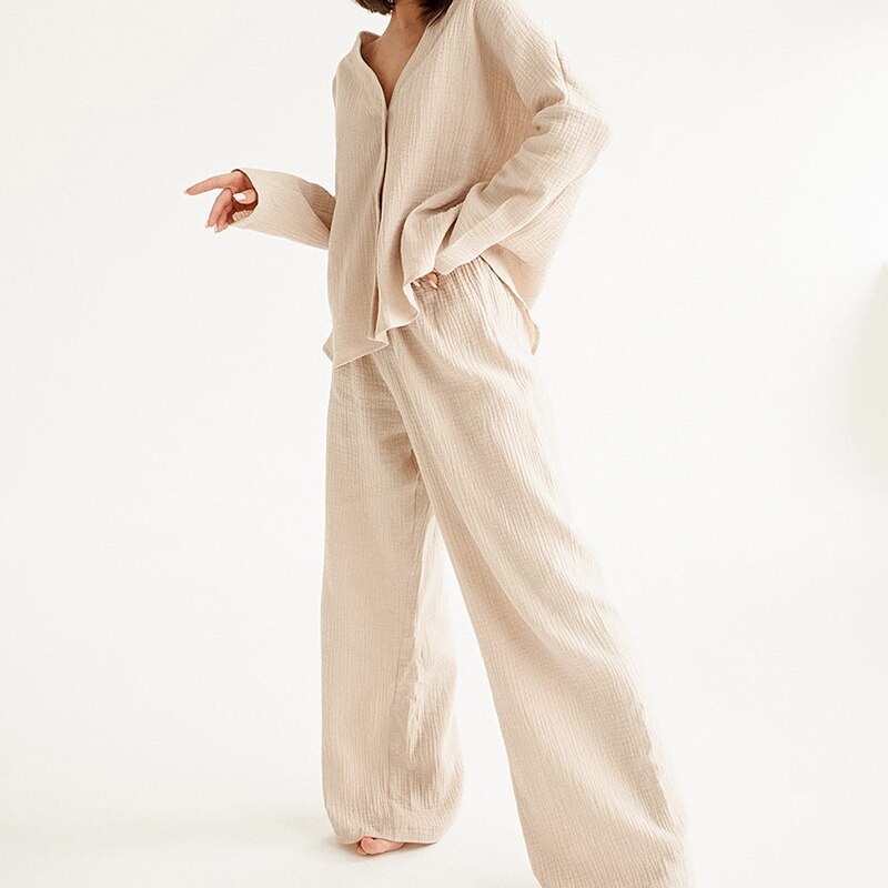 NTG Fad beige / S 100% Cotton Women Pajama Robe Sets Long Sleeve Button Up Shirts+ Wide Leg Pants 2 Pieces Sets Casual Trouser Homewear Suit