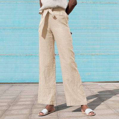 NTG Fad beige / S Casual Linen  Pants Solid Loose Elastic High Waist Wide Leg Trouser With Belt