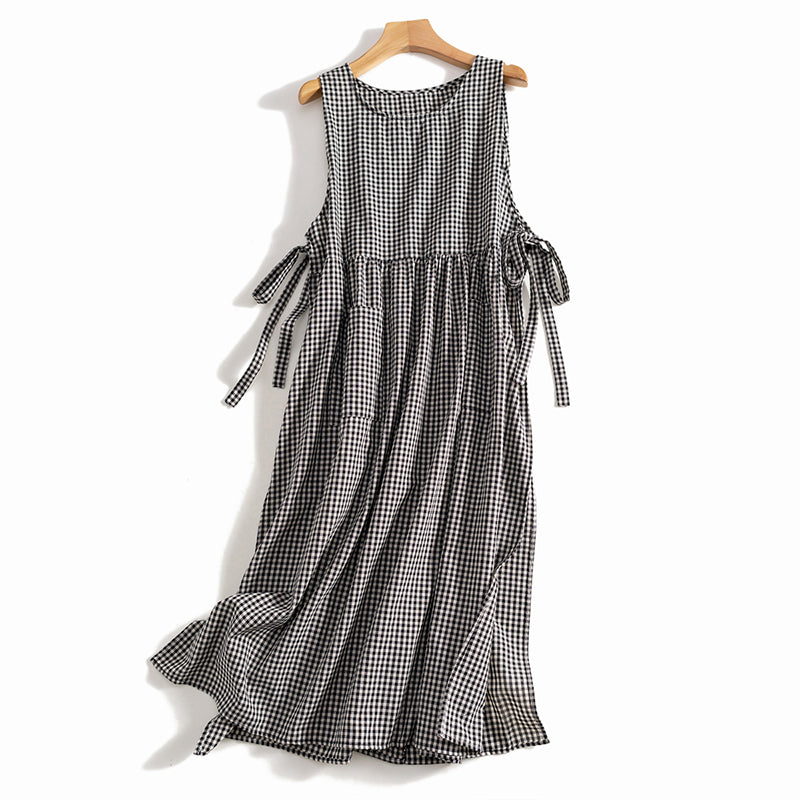 NTG Fad black / M Casual Cotton Linen Vintage Plaid Sleeveless Bandage Chic  Elegant Dress