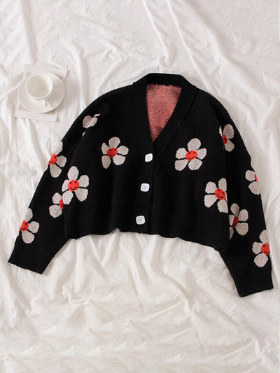 NTG Fad black / one size Autumn College Cardigans Sweater Women Loose V Neck Flower Green Sweater Female Short Cute Casual Sweaters