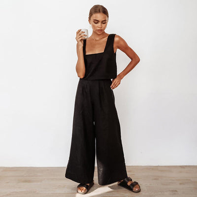 NTG Fad Black / S 2 Pcs 100% Cotton Sets Women Outfit Summer Tracksuit Pants Set Sleeveless Tops