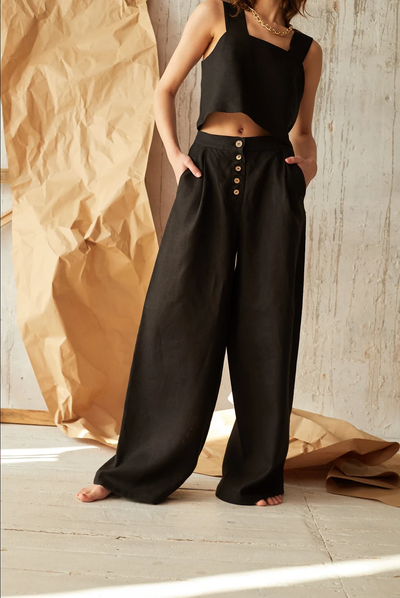 NTG Fad black / S Casual Cotton Linen Women Pants Solid High Waist Wide Leg Button Up Trousers