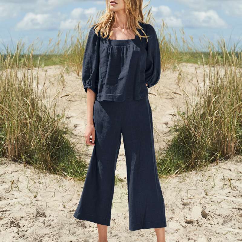 NTG Fad Black / S Cotton Women'S Suits Women 2022 Khaki  Vintage Square Collar Tops + Wide Leg Pants Sets 2 Pieces Outfits