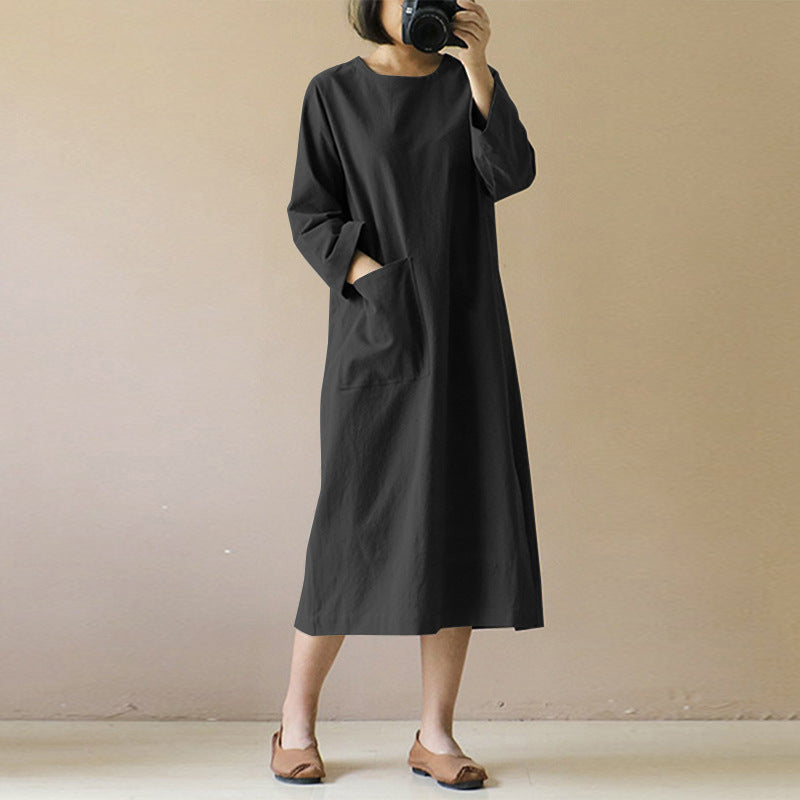 NTG Fad Black / S S-5XL Loose Cotton Linen Women Midi Dress Casual Long Sleeve Split Female Spring Autumn Robe Pocket Sudress 120850WLA
