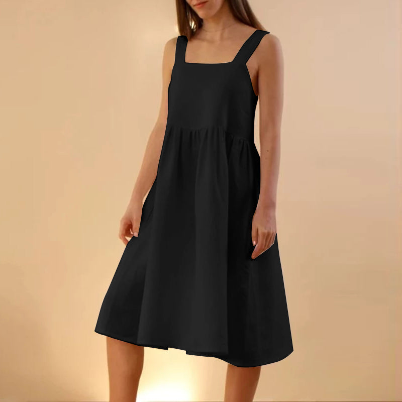 NTG Fad black / S Vintage Cotton Linen Solid Casual Loose Square Collar Sleeveless Backless Dress