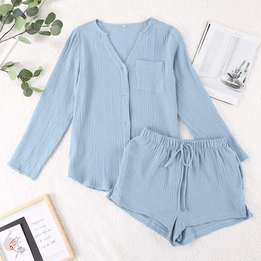 NTG Fad Blue / S 100% Cotton Elegant Two Piece Sets Womens Outifits Long Sleeve Button Up Tops + Shorts Set Casual Homewear Suits