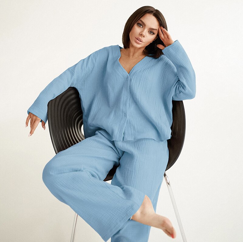 NTG Fad Blue / S 100% Cotton Women Pajama Robe Sets Long Sleeve Button Up Shirts+ Wide Leg Pants 2 Pieces Sets Casual Trouser Homewear Suit