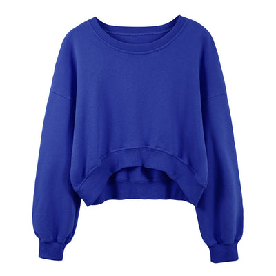 NTG Fad blue / S Chic 100% Cotton Women Cropped Sweatshirts Casual Loose Long Sleeve O-Neck Asymmetrical Female Hoodies Harajuku Pullover