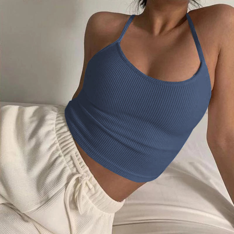 NTG Fad blue / S Knitted 94% Cotton Tank Tops Women Black White Sexy Low-Cut Back Cross Crop Tops For Women Streetwear Slimming Sports Tops