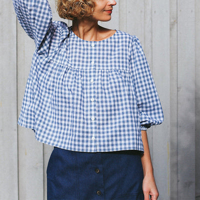 NTG Fad Blue / S Retro Cotton Linen Woman Tshirts Vintage Plain Three Quarter Sleeve Button Up Korean Harajuku Streetwear Tees Shirts