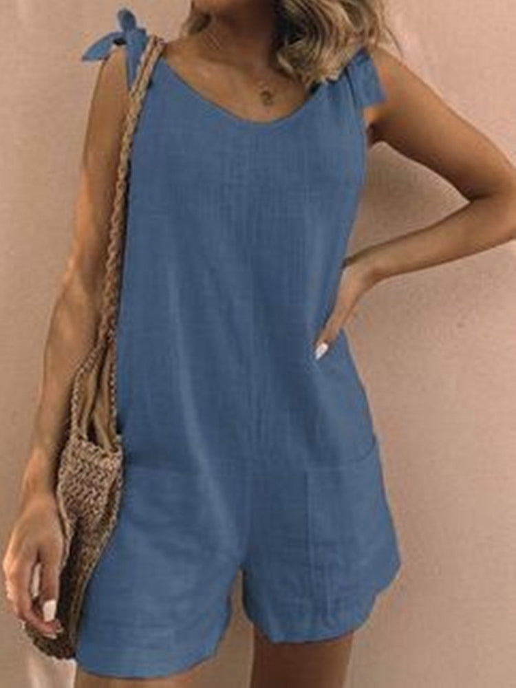 NTG Fad Blue / S Sleeveless Pockets Casual White Playsuit Shoulder Cotton Linen  Rompers