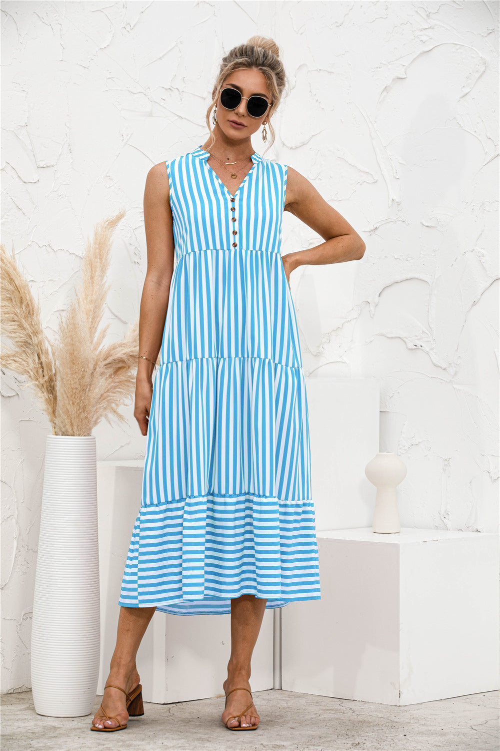 NTG Fad Blue / S Stripe V Neck Casual Loose Button Type Stitching Ruffled Sleeveless Ladies Dress