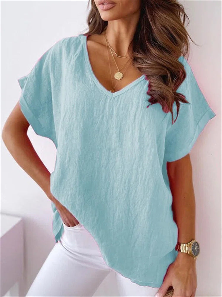 NTG Fad Blue / S Women's Summer Vintage Linen Cotton Oversized T-Shirt Tops