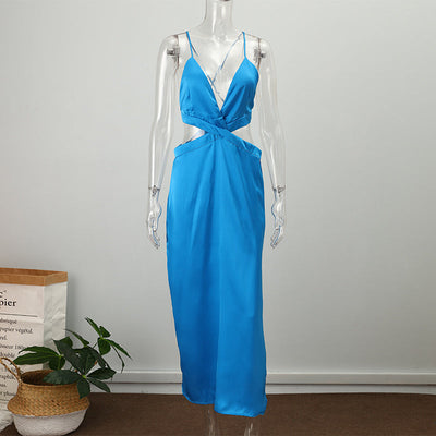 NTG Fad Blue / XS Fashion Cutout Design Silk Satin Female Vintage Sleeveless Suspenders Dress