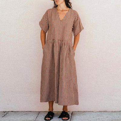 NTG Fad brown / S 100% Cotton Elegant Dresses For Women Vintage Plaid Sexy V-Neck Short Sleeve Summer Long Maxi Party Dresses With Pockets
