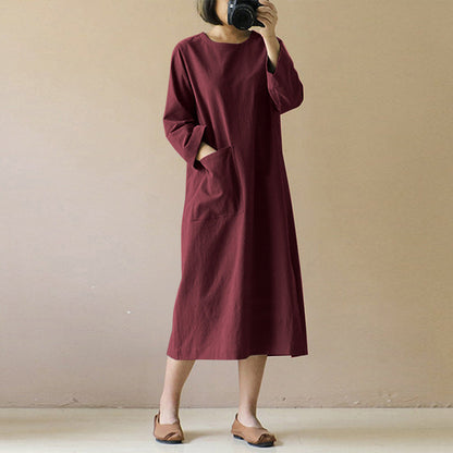 NTG Fad Burgundy / S S-5XL Loose Cotton Linen Women Midi Dress Casual Long Sleeve Split Female Spring Autumn Robe Pocket Sudress 120850WLA