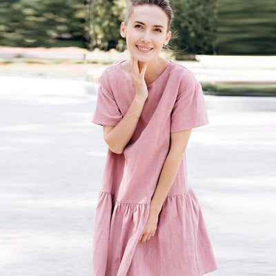 NTG Fad Casual Cotton Linen Elegant Solid Short Sleeve Sweet Ruffles Summer Dress