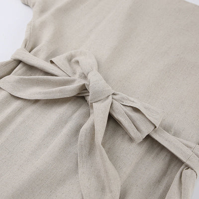 NTG Fad Casual Cotton Linen Summer Solid Short Sleeve Bandage Open Side Dress With Pockets