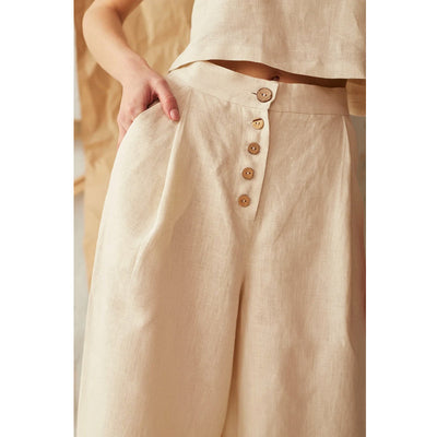 NTG Fad Casual Cotton Linen Women Pants Solid High Waist Wide Leg Button Up Trousers