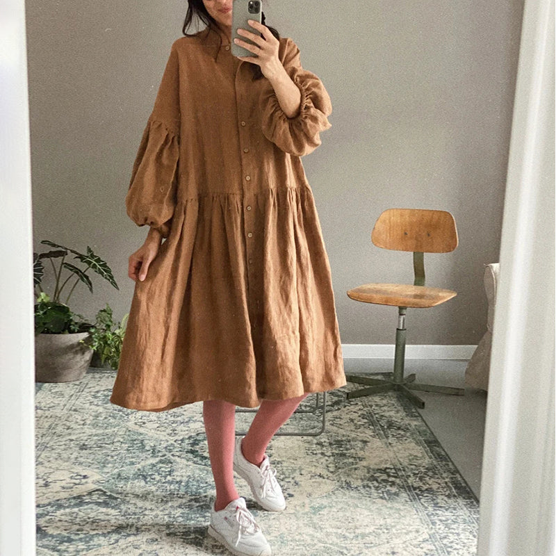 NTG Fad Casual Cotton Linen Women's Dress Loose Solid Long Sleeve Button Up Holiday Beach Party Dresses Vestido