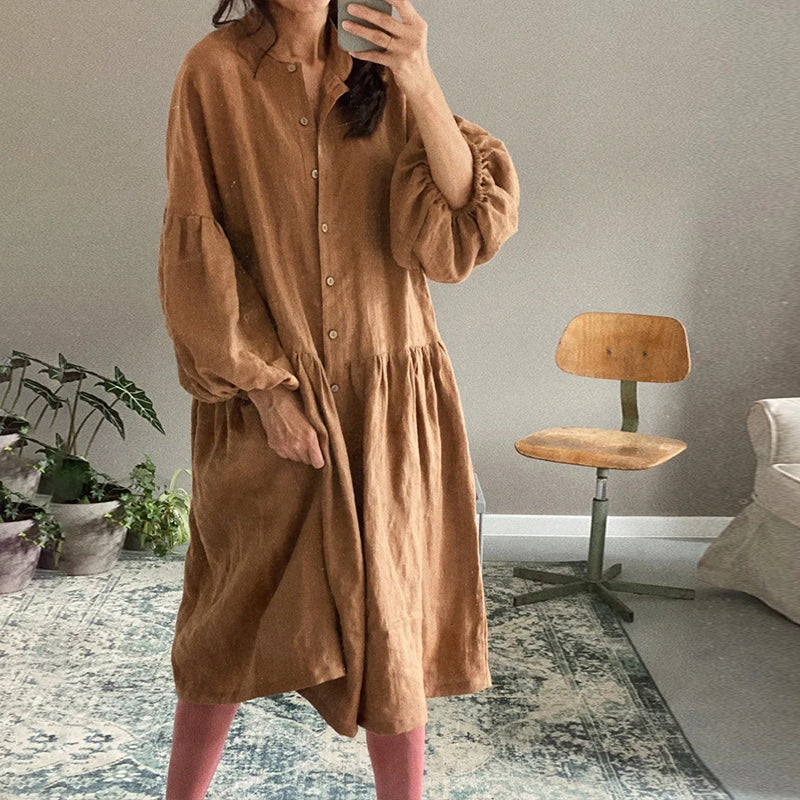 NTG Fad Casual Cotton Linen Women's Dress Loose Solid Long Sleeve Button Up Holiday Beach Party Dresses Vestido