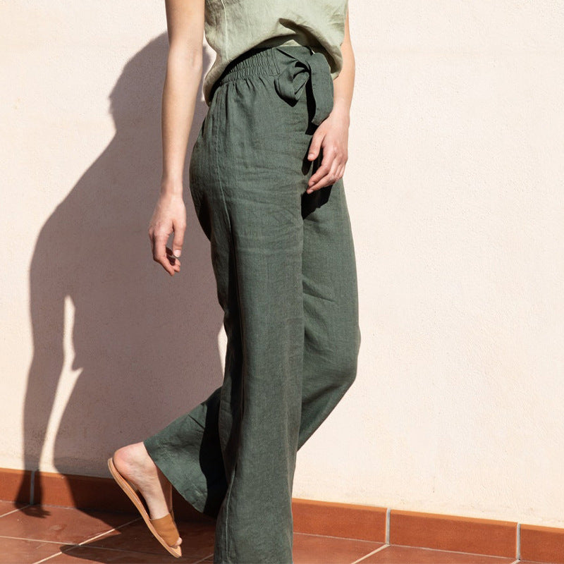 NTG Fad Casual Linen  Pants Solid Loose Elastic High Waist Wide Leg Trouser With Belt