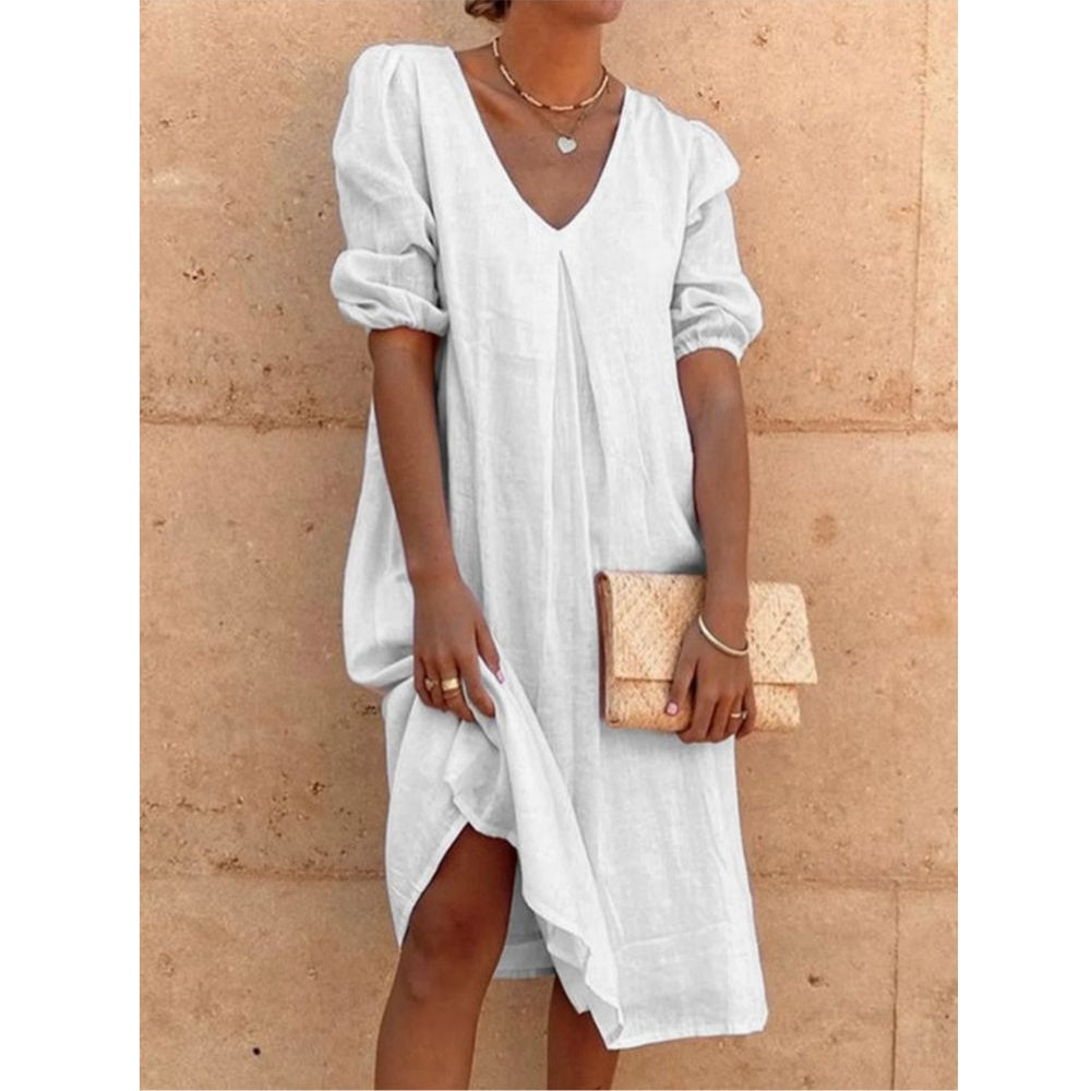 NTG Fad Casual Loose Shirt Dress Women Summer Linen White Solid Color Dress