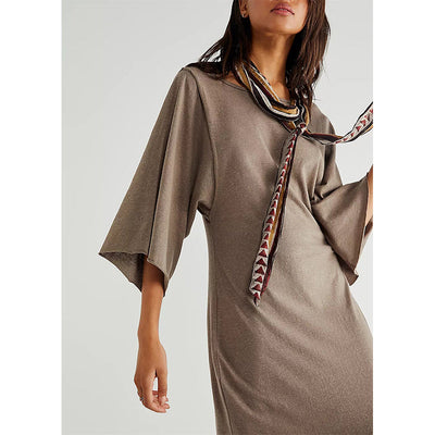 NTG Fad coffee / S 100% Cotton Casual Loose Solid Open Side Long Maxi Elegant Party Dress