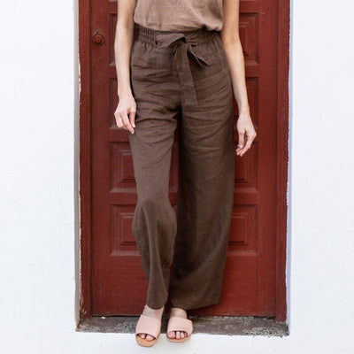 NTG Fad coffee / S Casual Linen  Pants Solid Loose Elastic High Waist Wide Leg Trouser With Belt