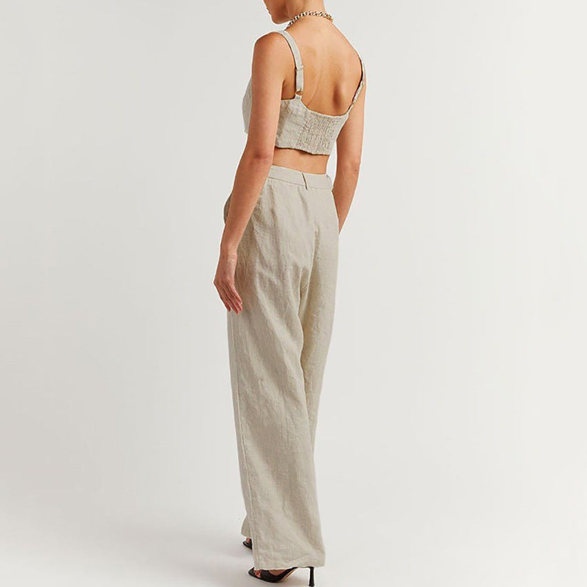 NTG Fad Cotton and Linen Women's Camisole Wide Leg Pants Two-Piece Set