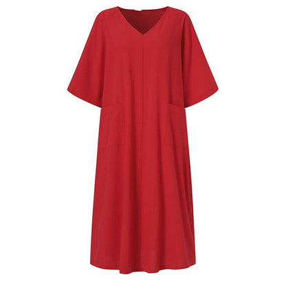 NTG Fad Cotton Casual Solid Color Long Women's Loose V-Neck Sundress