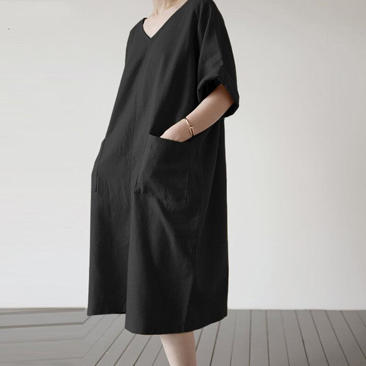 NTG Fad Cotton Casual Solid Color Long Women's Loose V-Neck Sundress